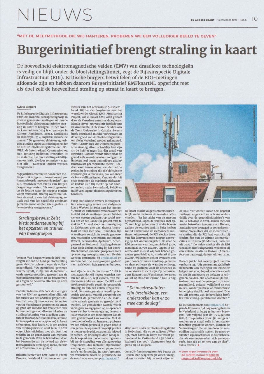 Article by Sylvia Slegers about EMF Map NL in de Andere Krant