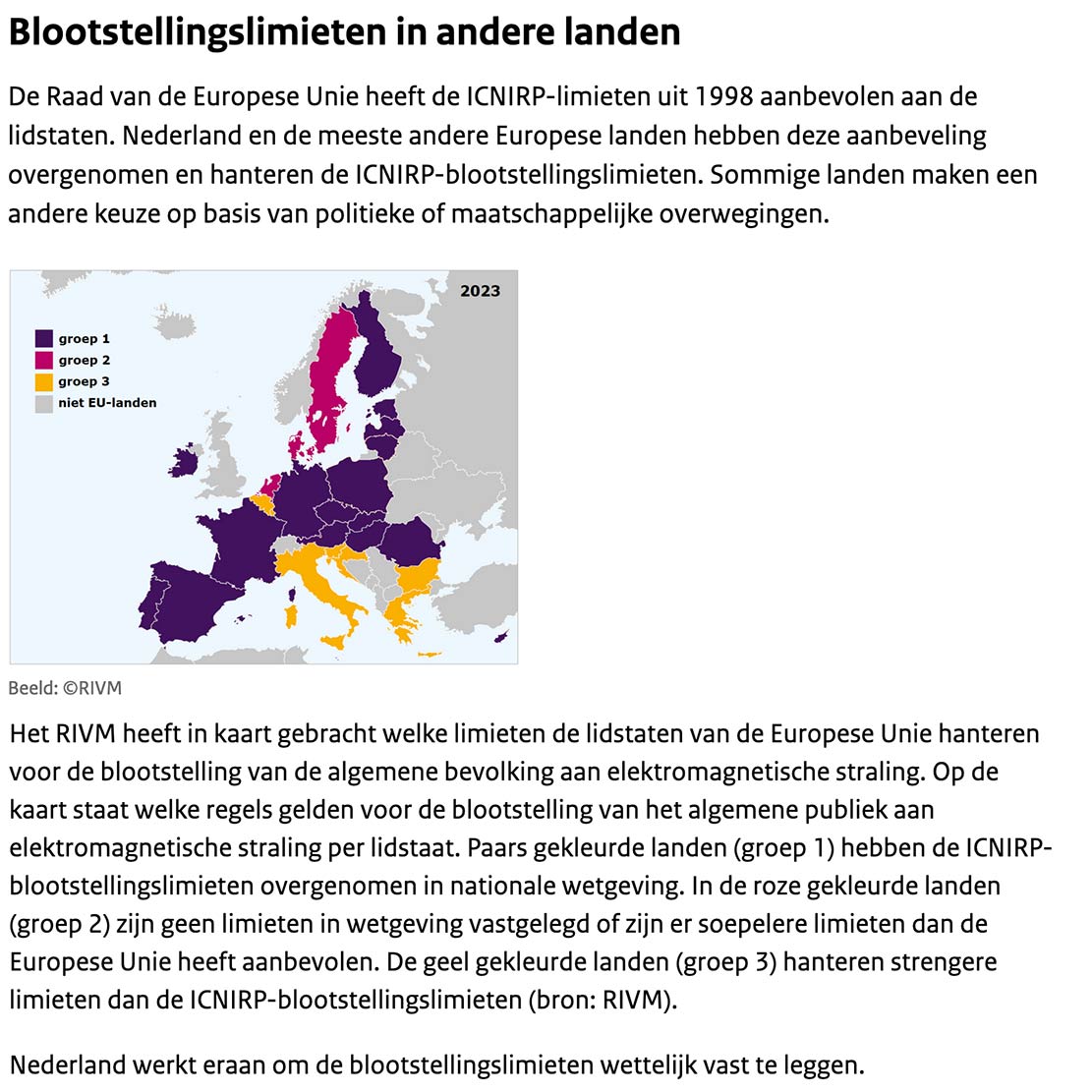 Blootstellingslimieten gehanteerd door Europese landen. Bron: antennebureau.nl/